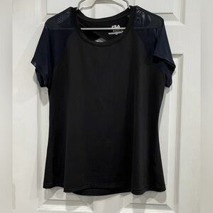 Fila Women’s XL Black Tee Shirt for Workout Yoga Pilates Mesh Sleeves Cut Out